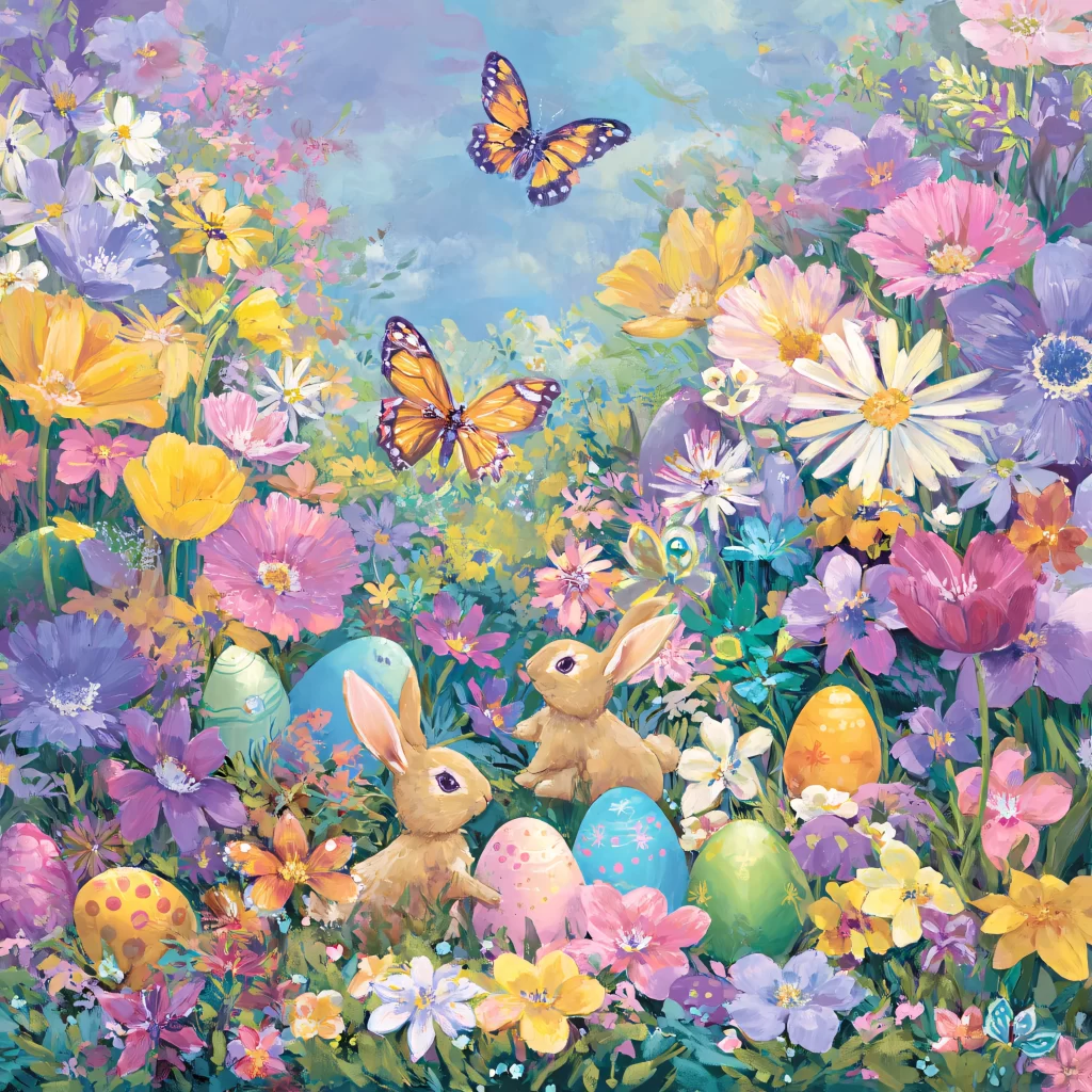 Easter Rabbits Eggs Flowers Pastel 75