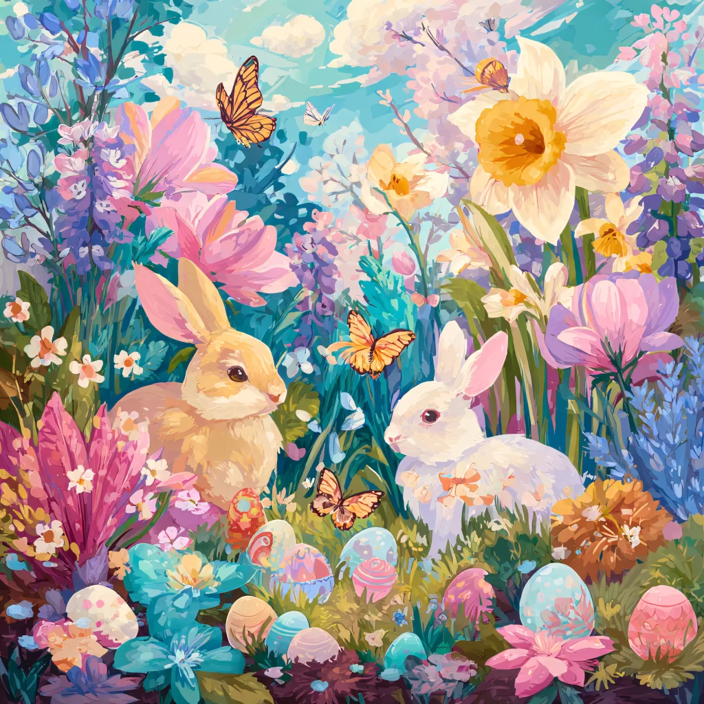 Easter Rabbits Eggs Flowers Pastel 76