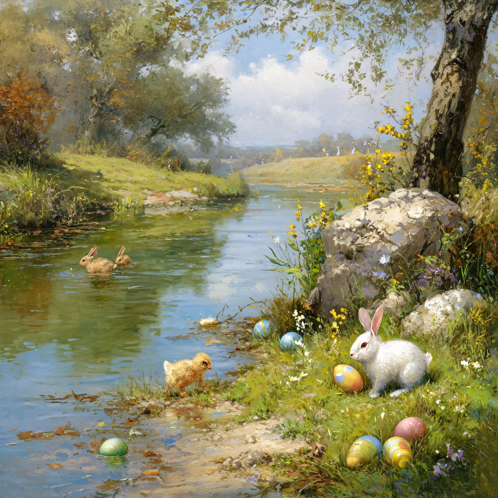 Easter Rabbits Eggs Flowers Pastel 103