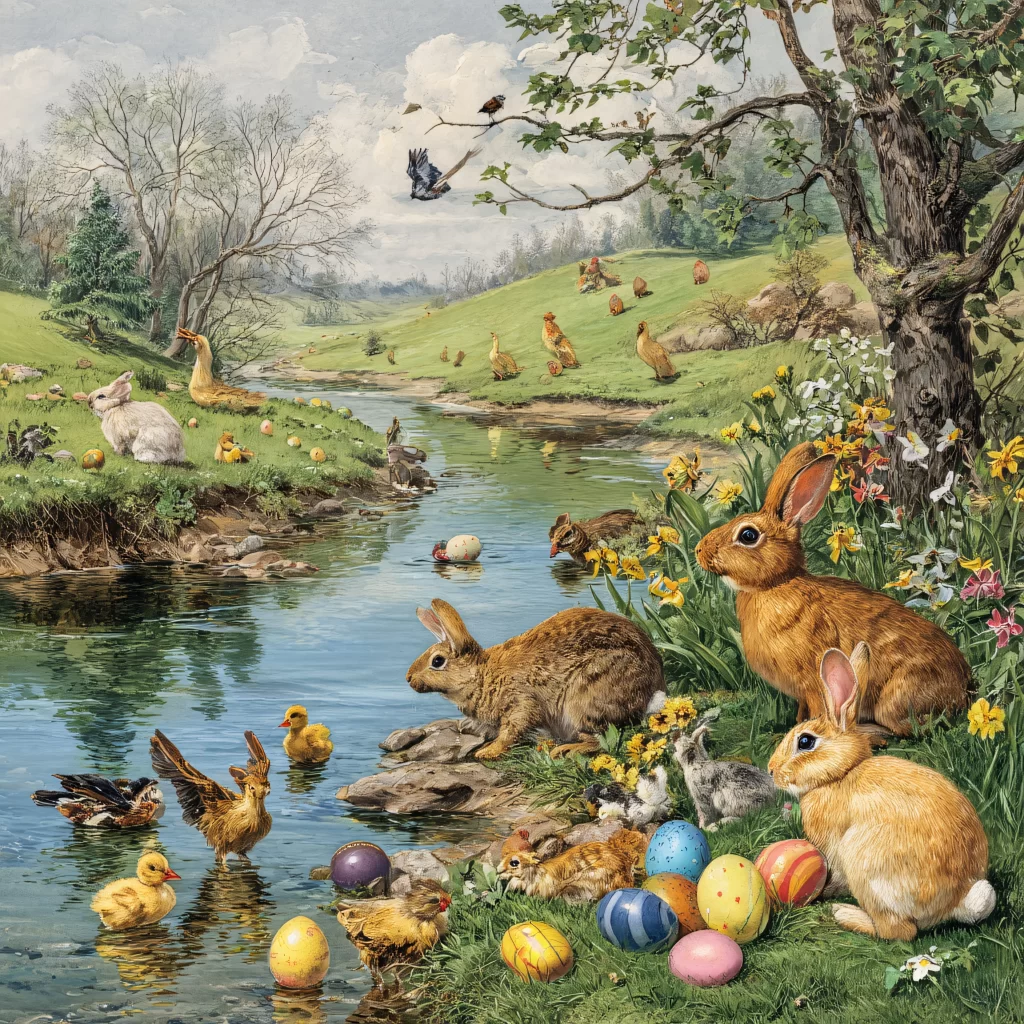 Easter Rabbits Eggs Flowers Pastel 104