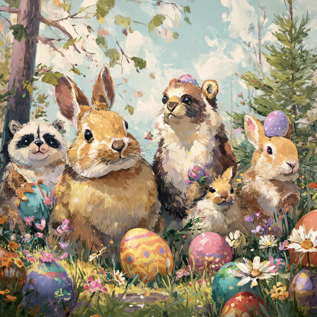 Easter Rabbits Eggs Flowers Pastel 110