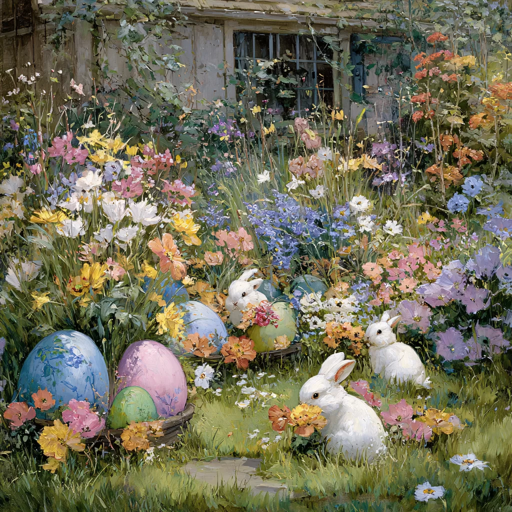 Easter Rabbits Eggs Flowers Pastel 113