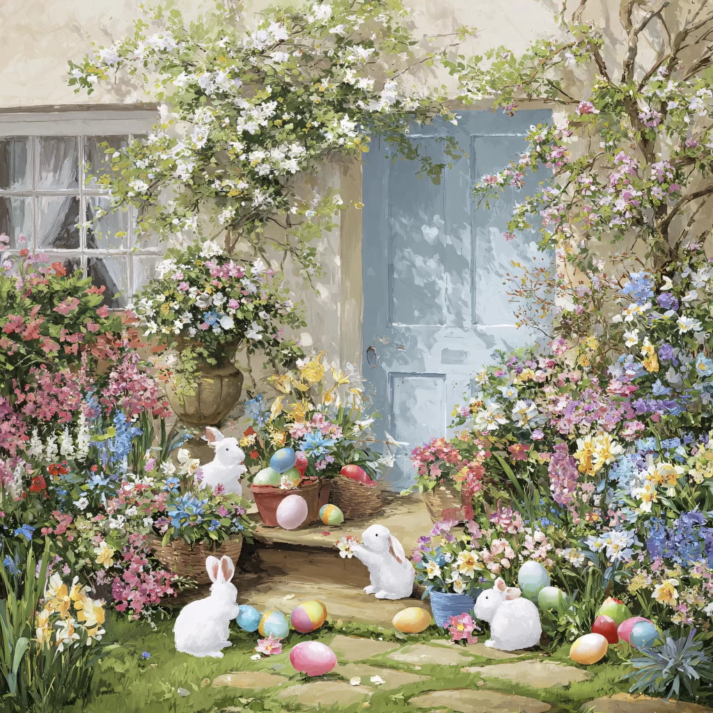 Easter Rabbits Eggs Flowers Pastel 114