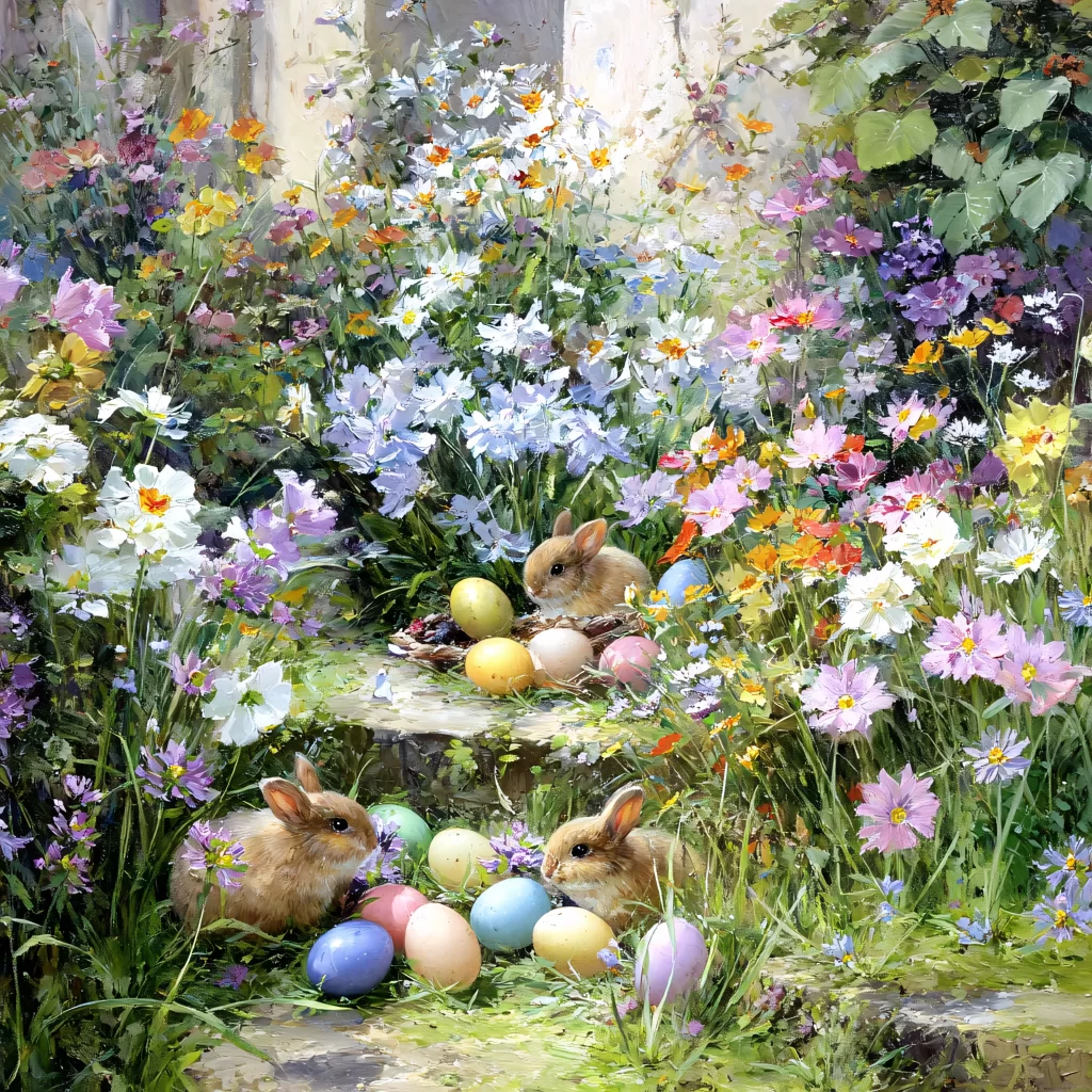 Easter Rabbits Eggs Flowers Pastel 116