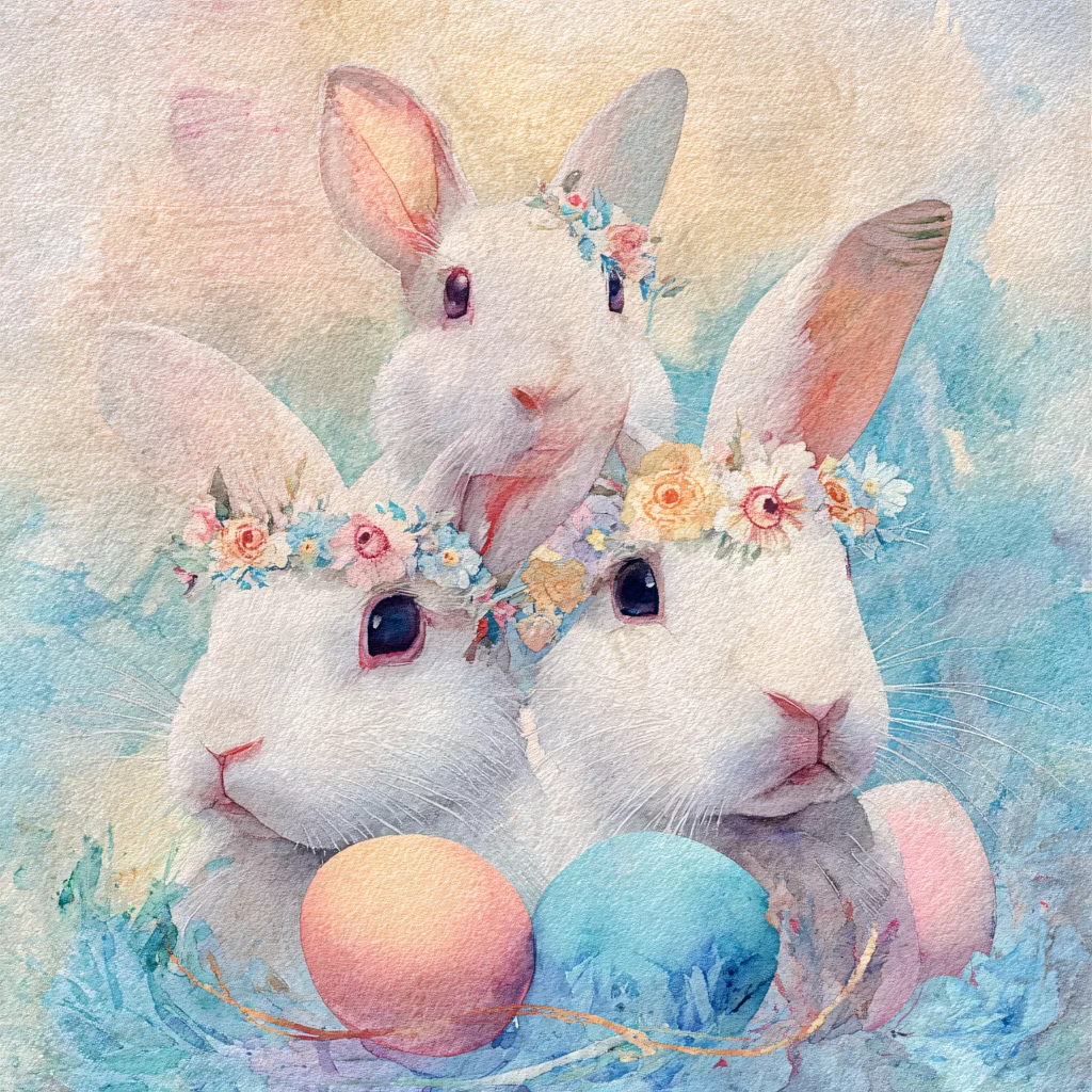 Easter Rabbits Eggs Flowers Pastel 129