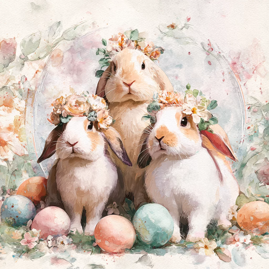 Easter Rabbits Eggs Flowers Pastel 130