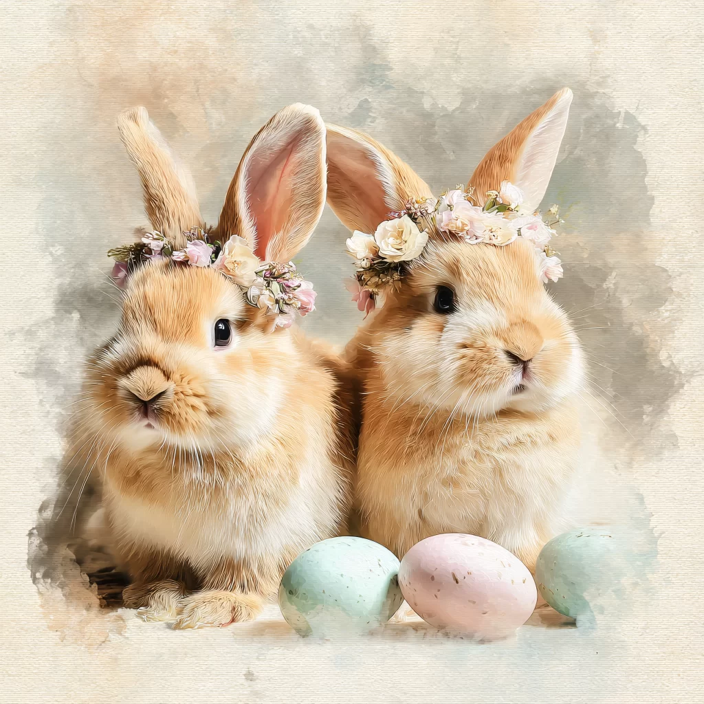 Easter Rabbits Eggs Flowers Pastel 131