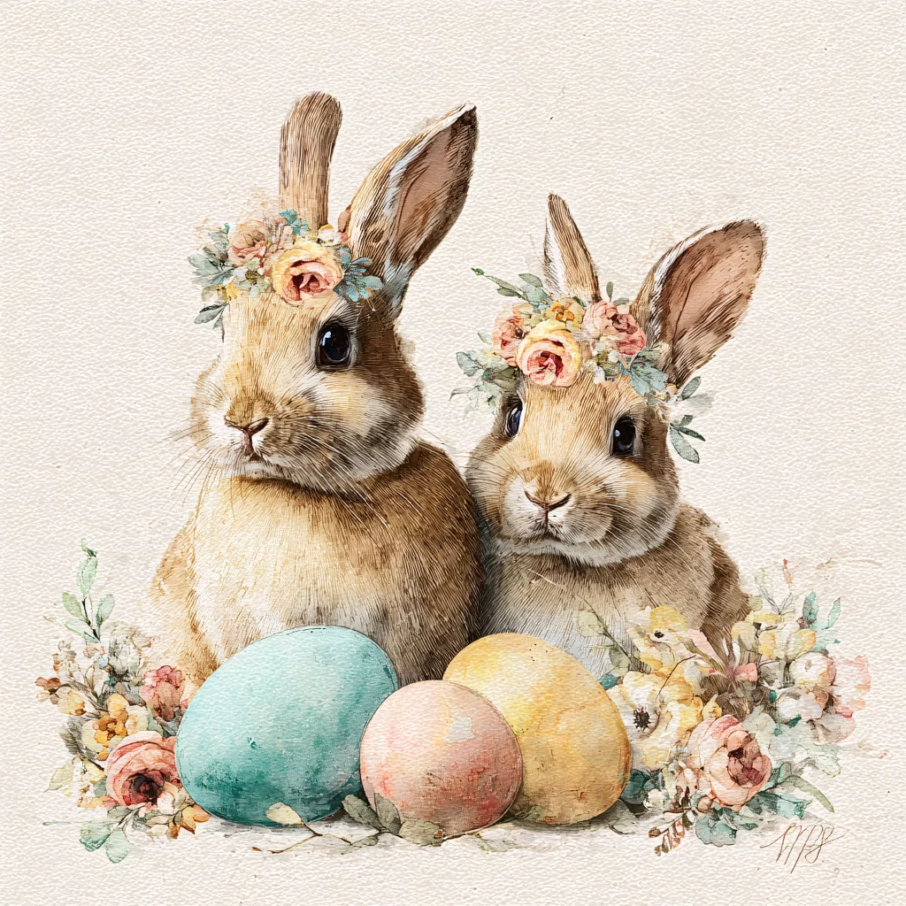 Easter Rabbits Eggs Flowers Pastel 132