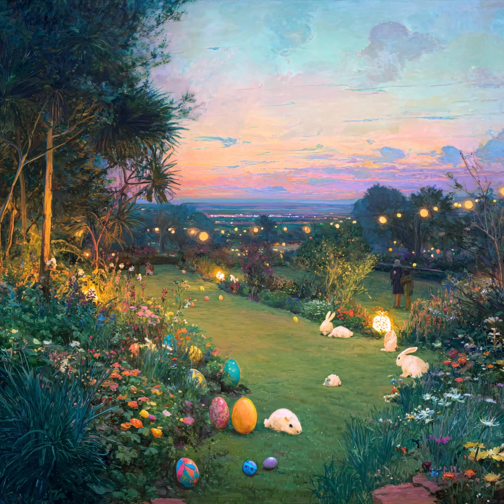 Easter Rabbits Eggs Flowers Sunset 141