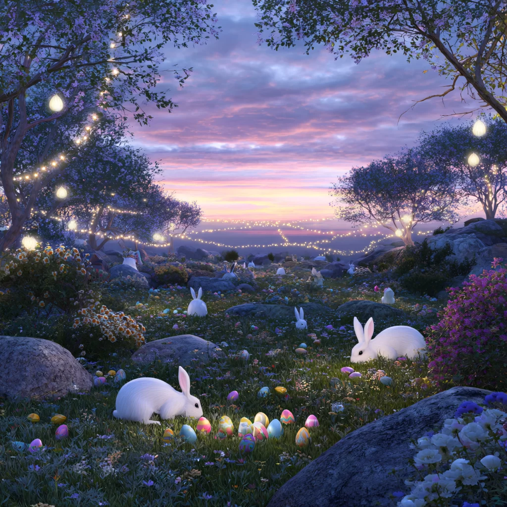 Easter Rabbits Eggs Flowers Twilight 144