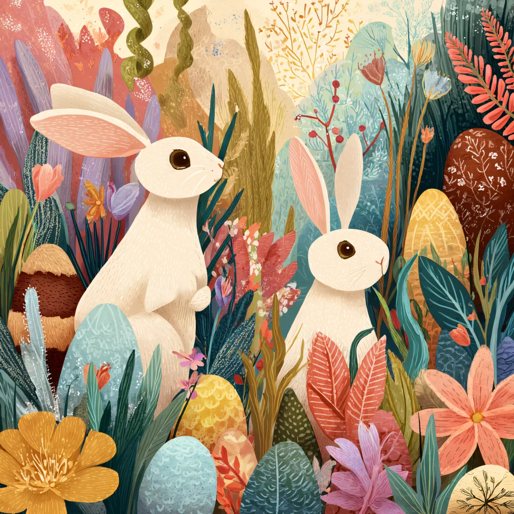 Easter Rabbits Eggs Flowers Pastel 150
