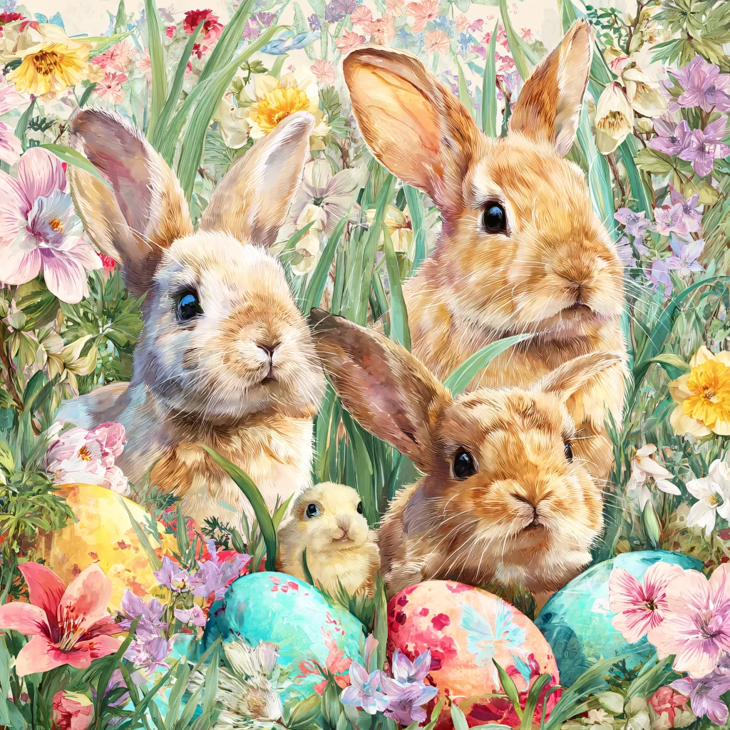 Easter Rabbits Eggs Flowers Pastel 151