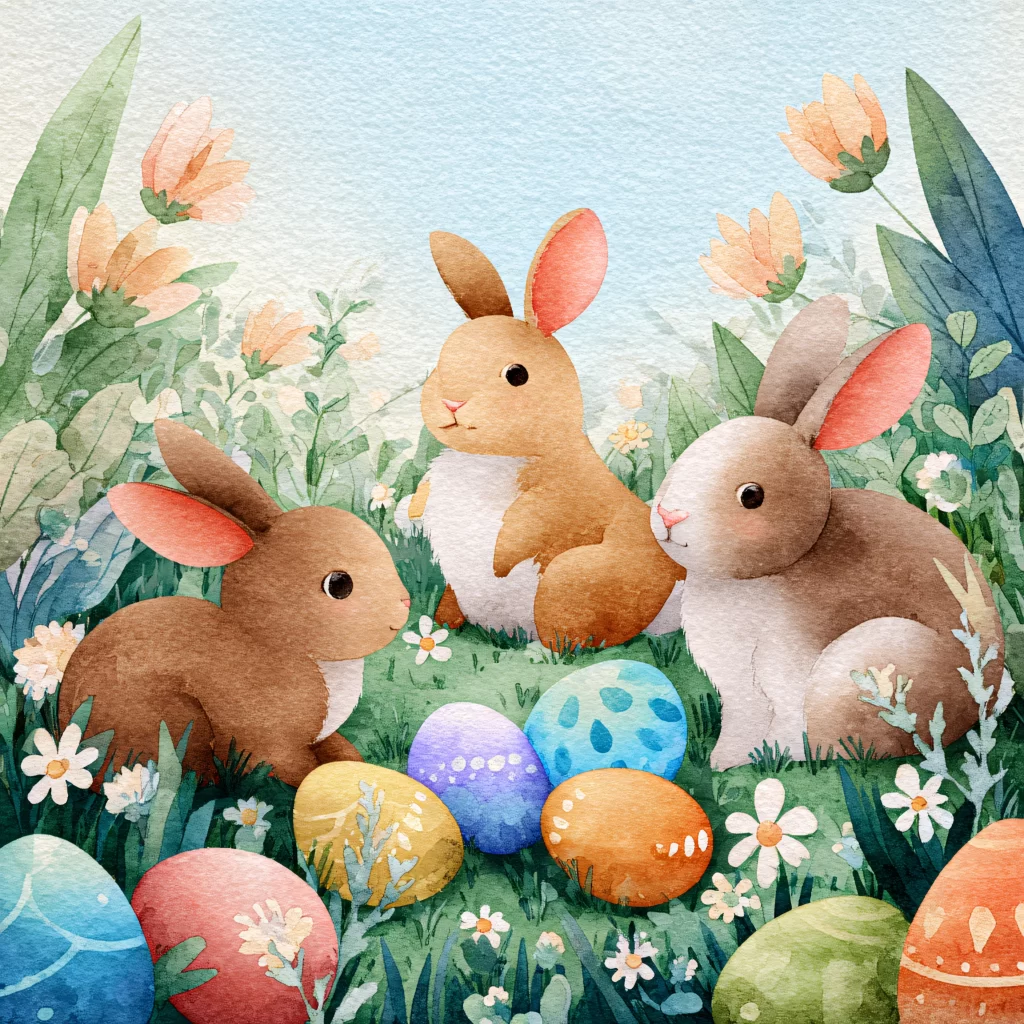 Easter Rabbits Eggs Flowers Pastel 156