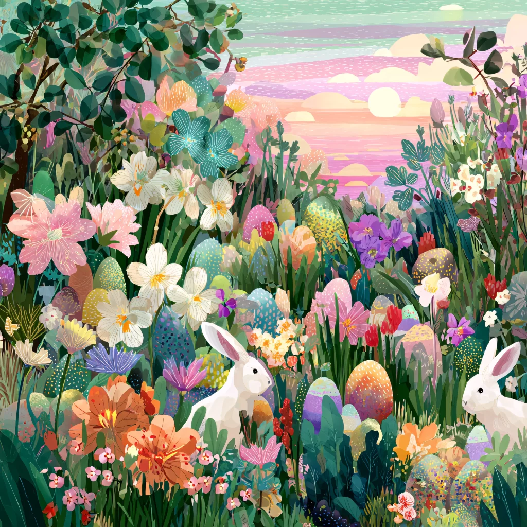 Easter Rabbits Eggs Flowers Pastel 157