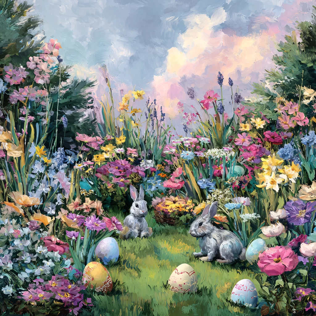 Easter Rabbits Eggs Flowers Pastel 158