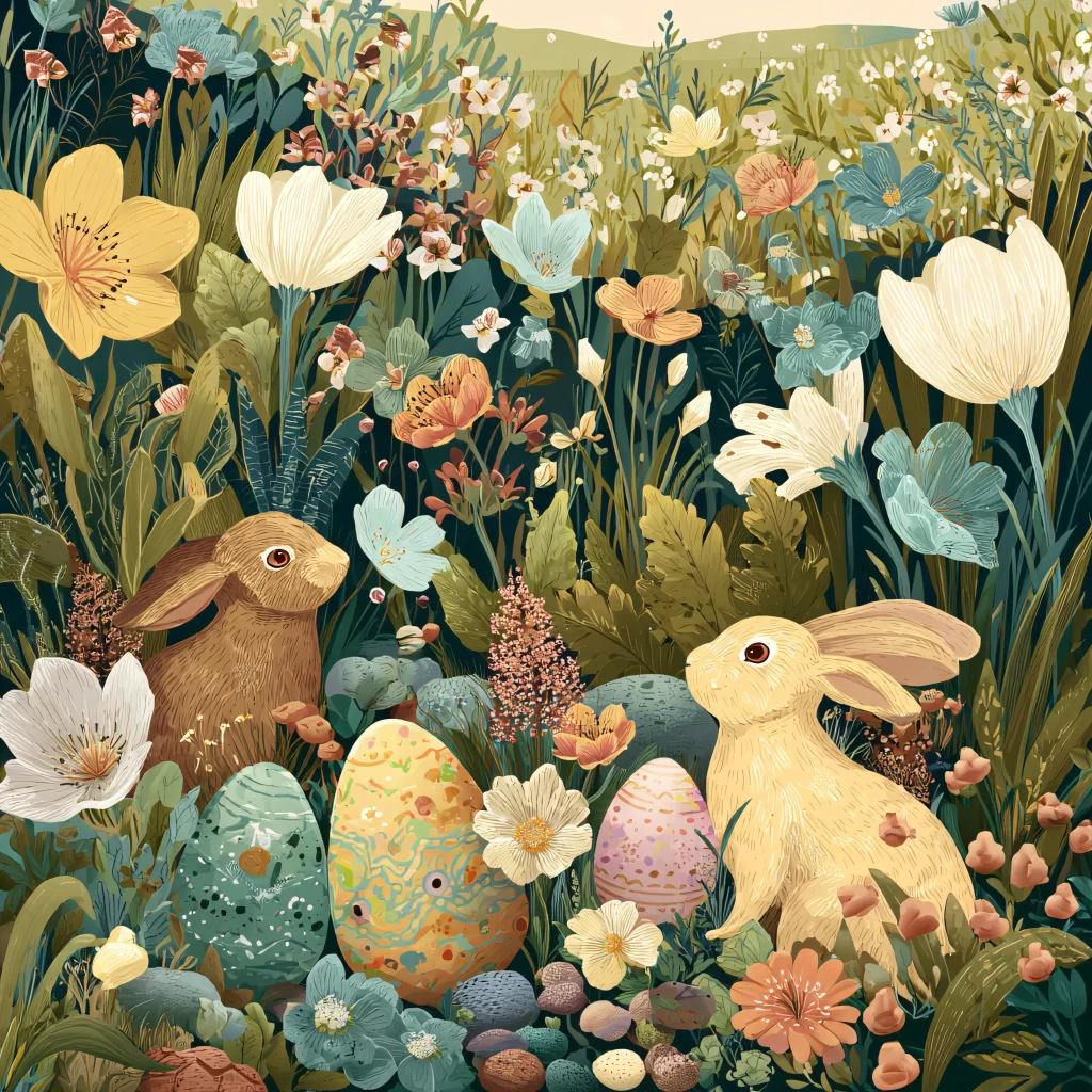 Easter Rabbits Eggs Flowers Pastel 163