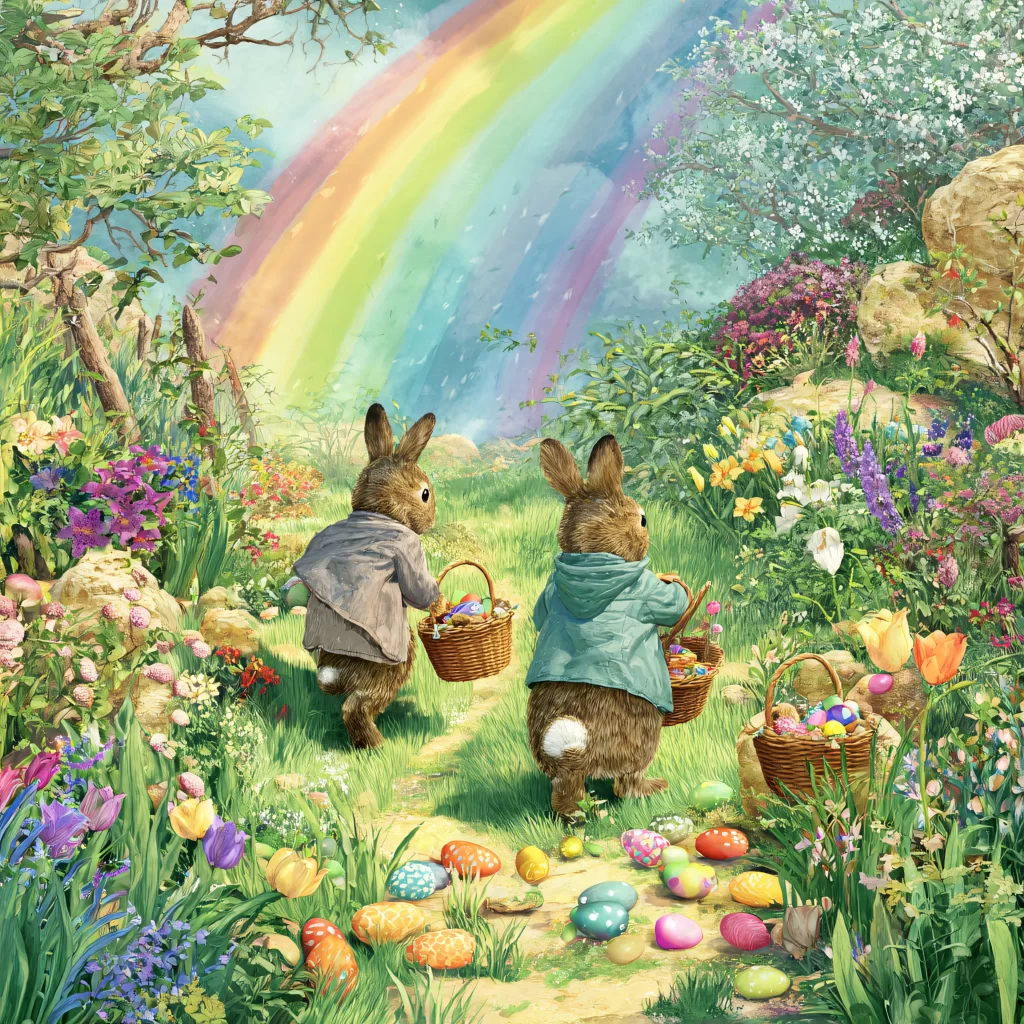 Easter Rabbits Eggs Flowers Rainbow 165
