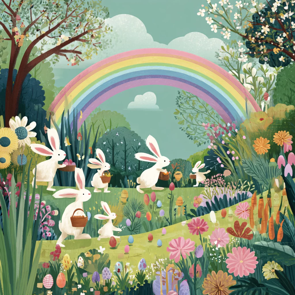 Easter Rabbits Eggs Flowers Rainbow 166