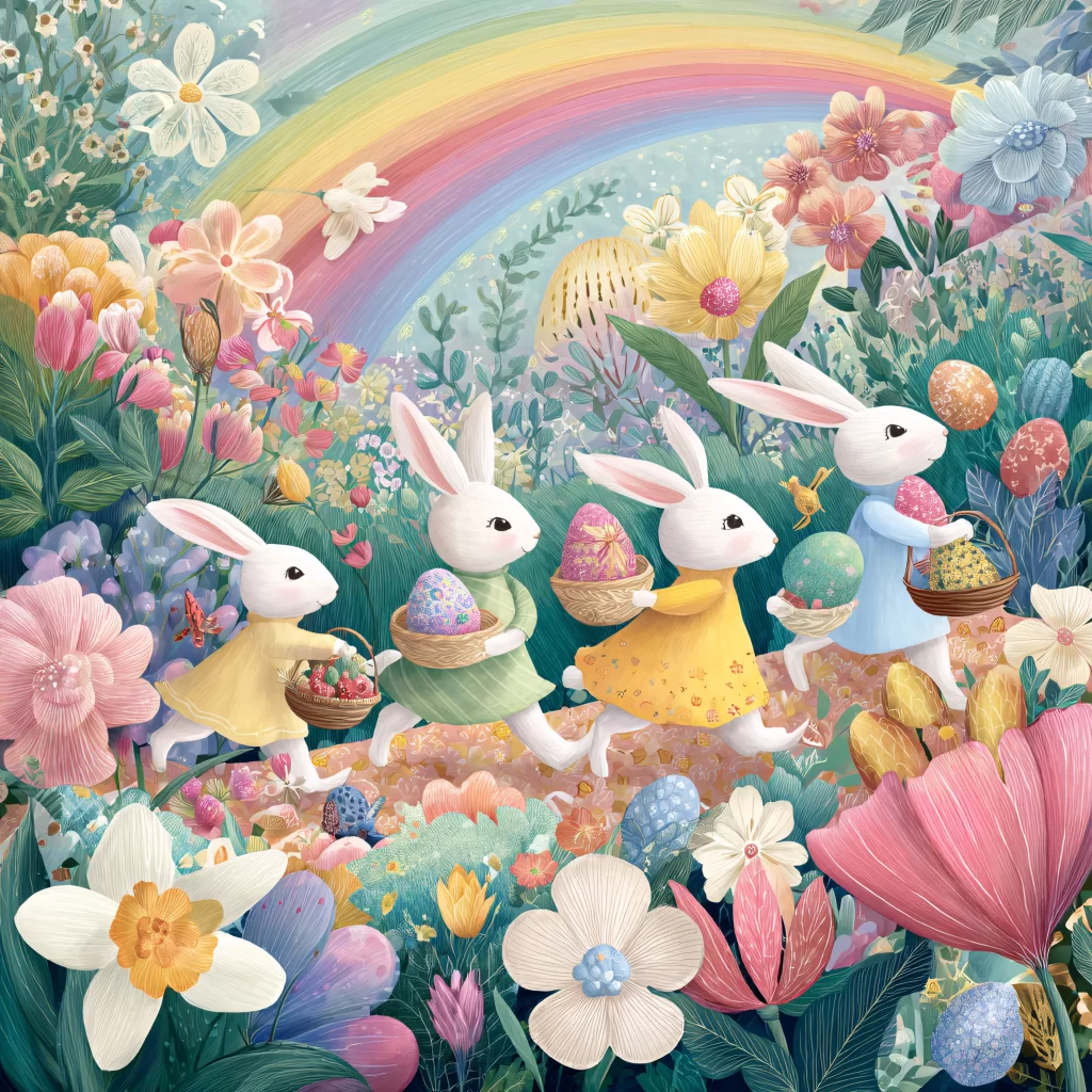 Easter Rabbits Eggs Flowers Pastel 170