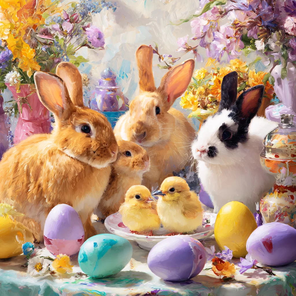 Easter Rabbits Eggs Flowers Pastel 177