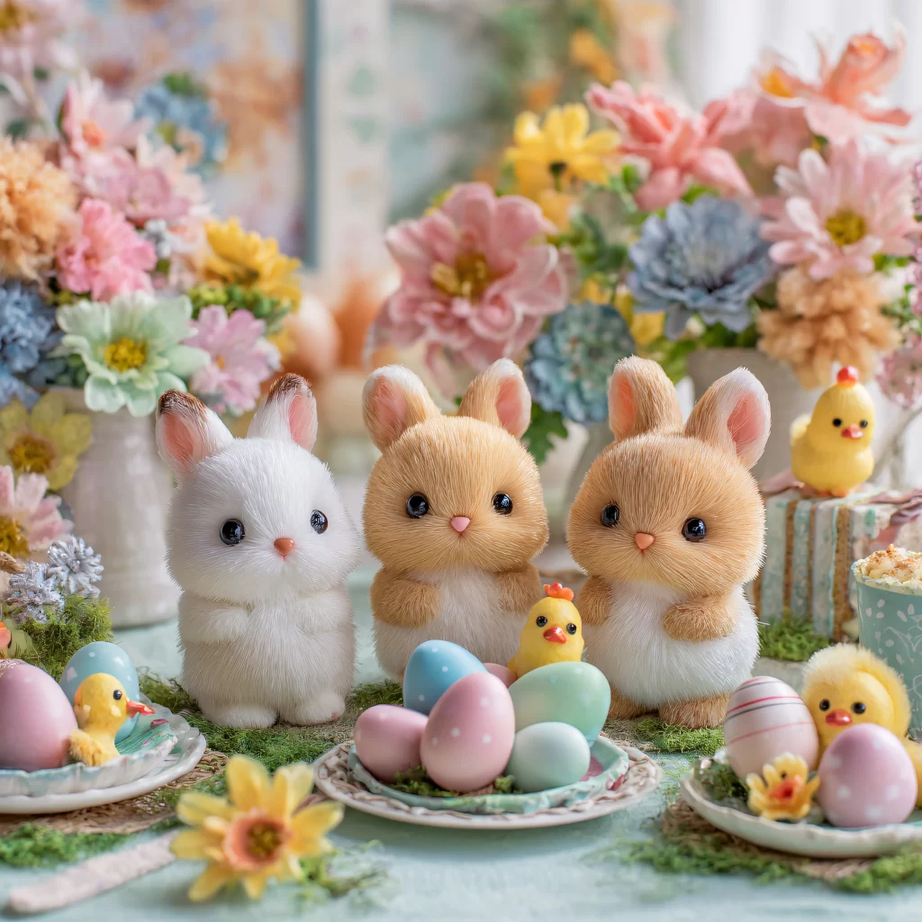 Easter Rabbits Eggs Flowers Pastel 182
