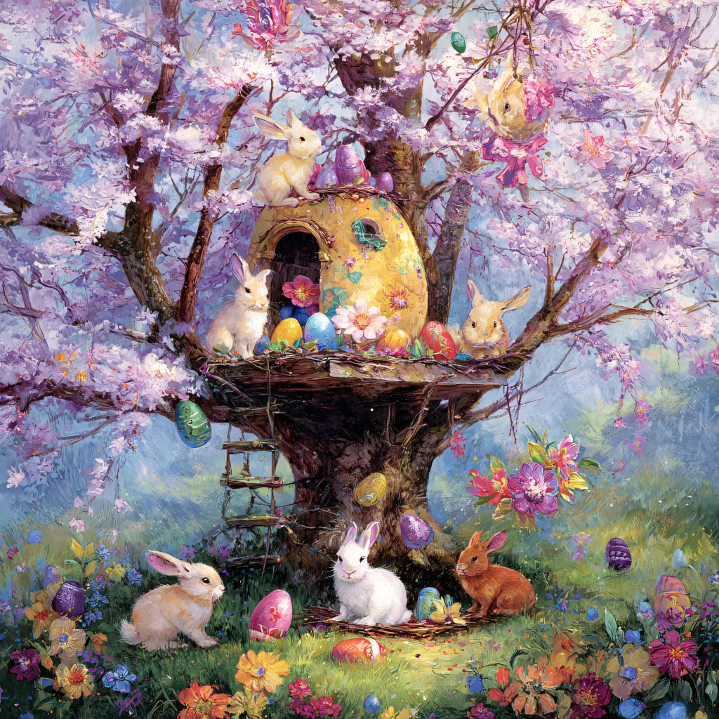 Easter Rabbits Eggs Flowers Pink 193