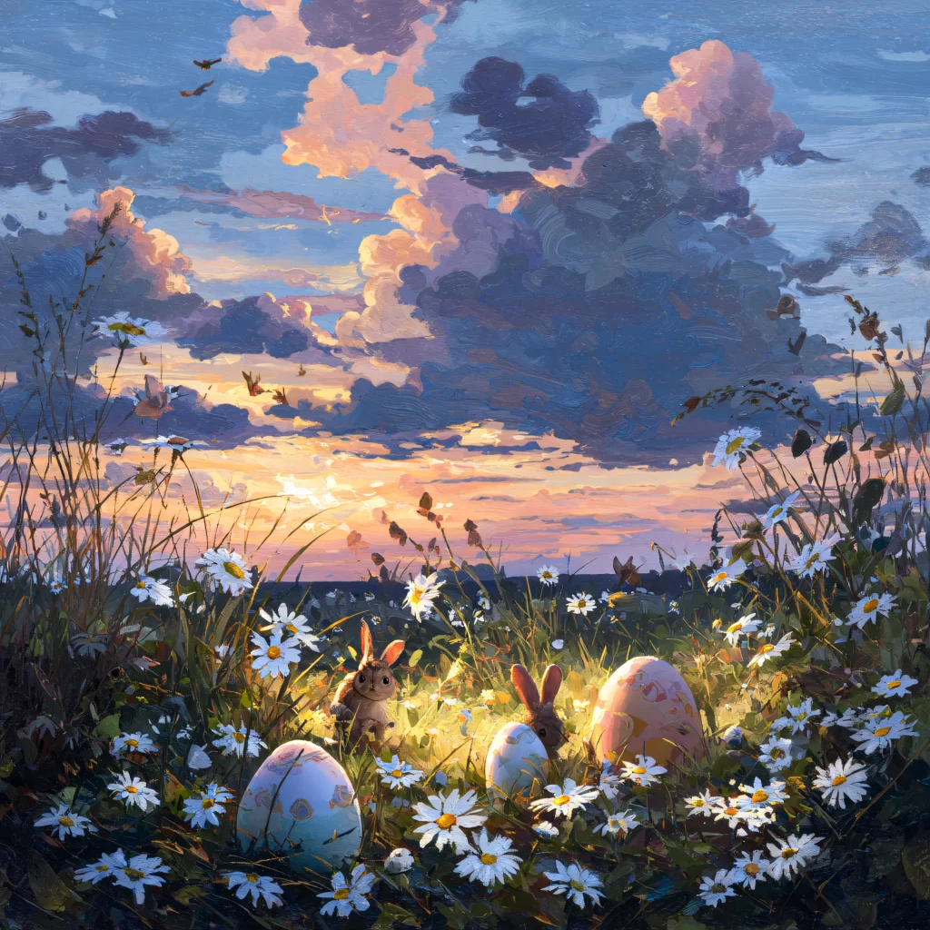 Easter Rabbits Eggs Flowers Sunset 199
