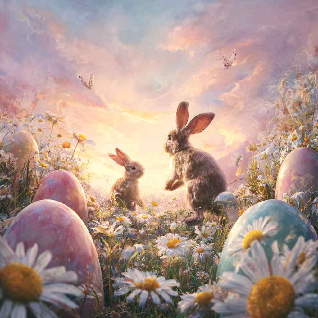 Easter Rabbits Eggs Flowers Pastel 200