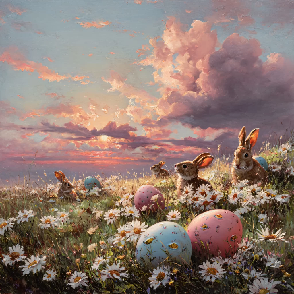 Easter Rabbits Eggs Flowers Sunset 201