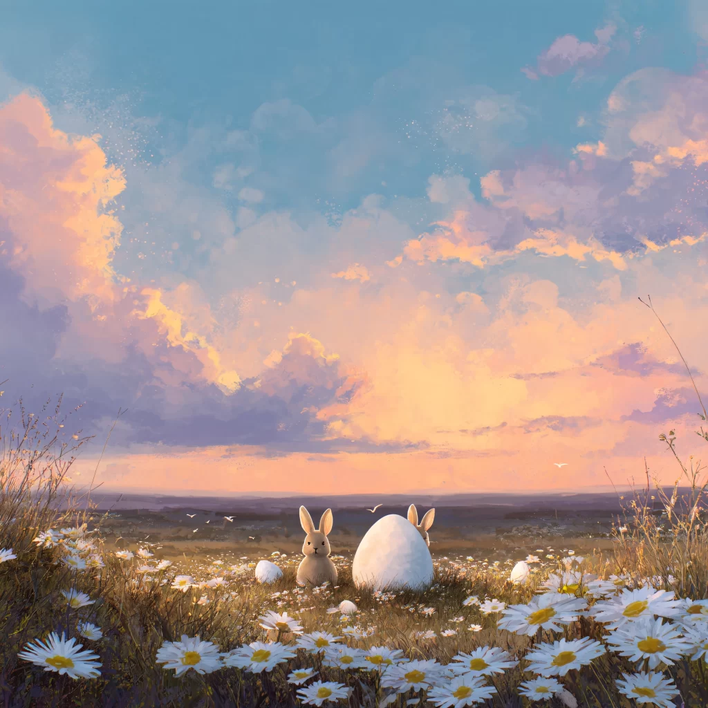 Easter Rabbits Eggs Flowers Sunset 204