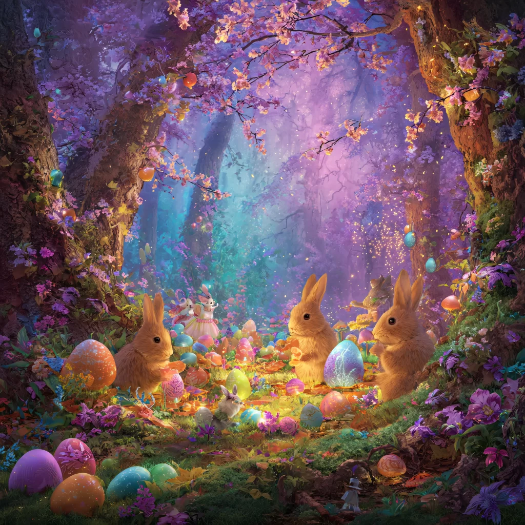 Easter Rabbits Eggs Flowers Purple 212