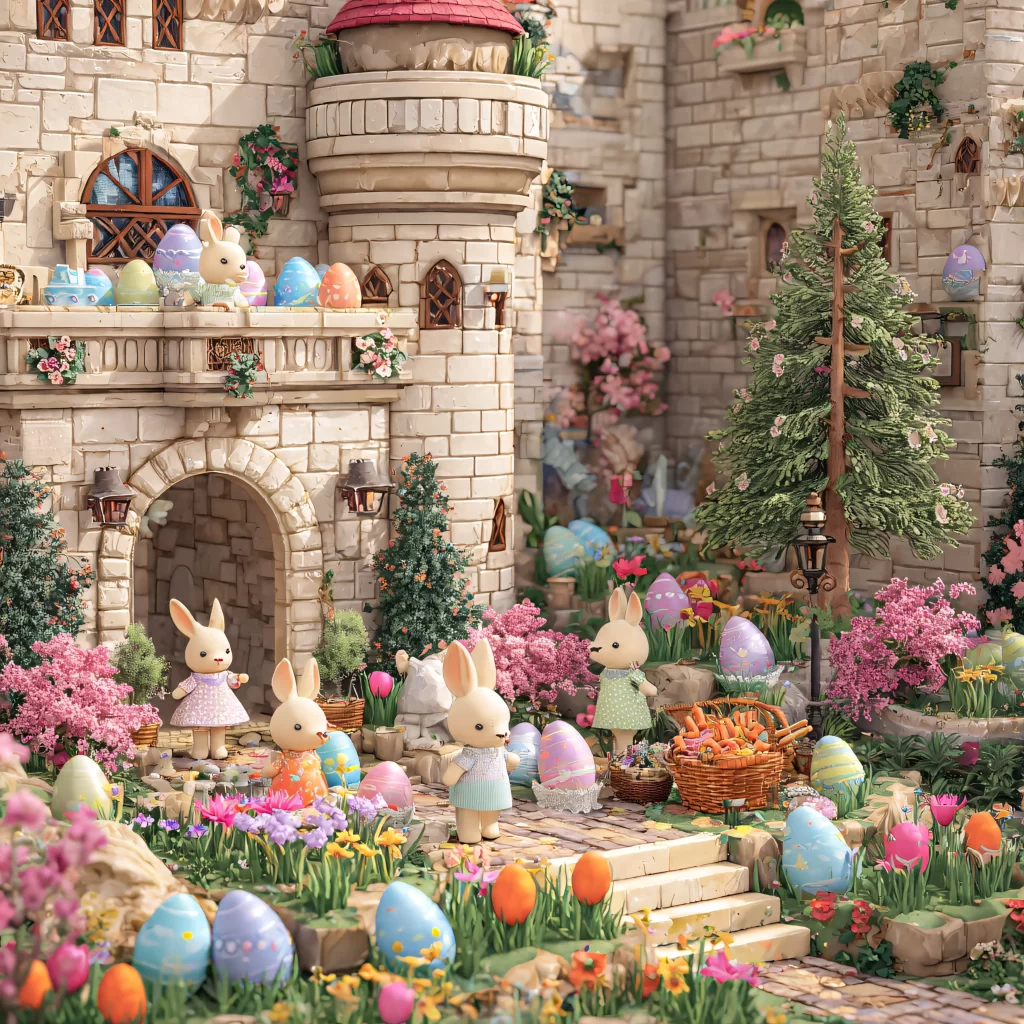 Easter Rabbits Eggs Flowers Pastel 218