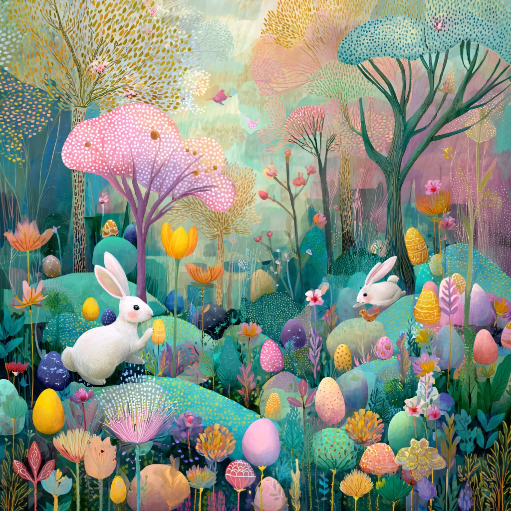 Easter Rabbits Eggs Flowers Pastel 221