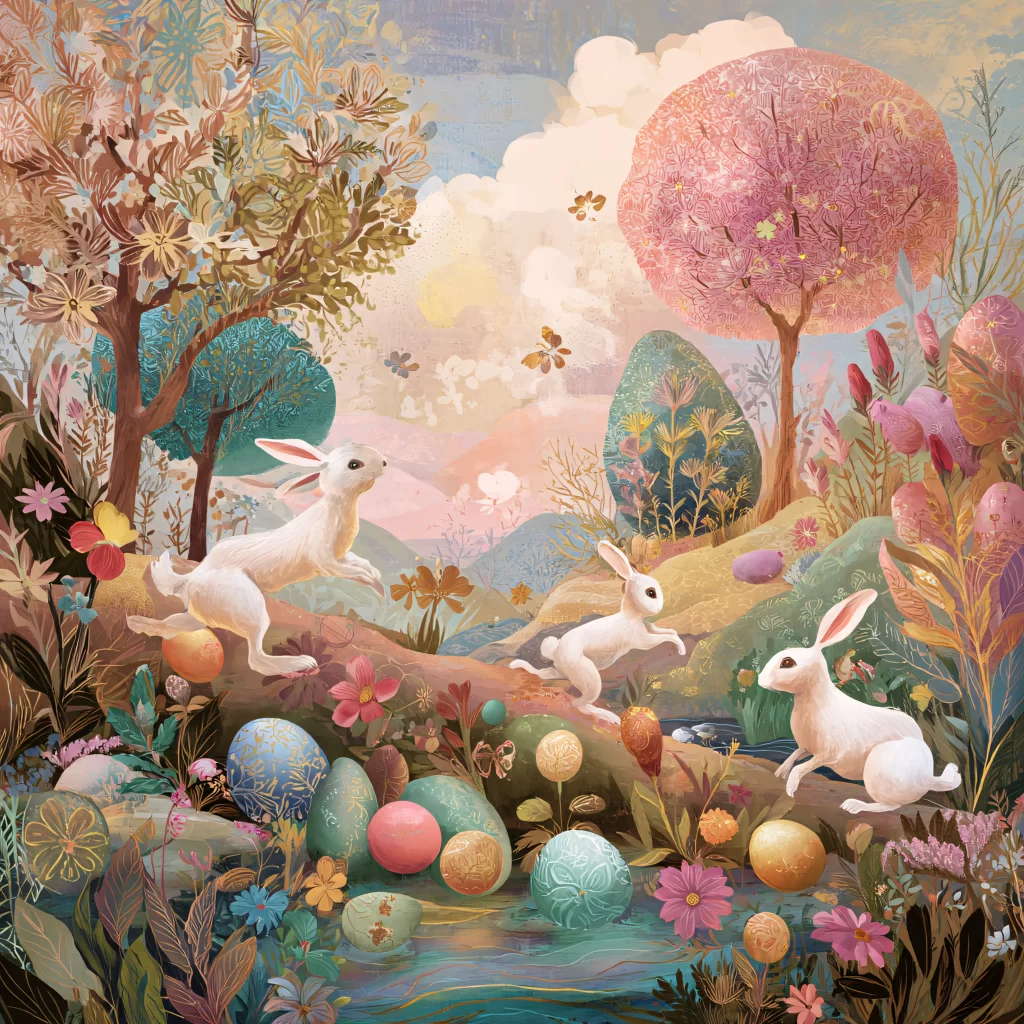 Easter Rabbits Eggs Flowers Pastel 224