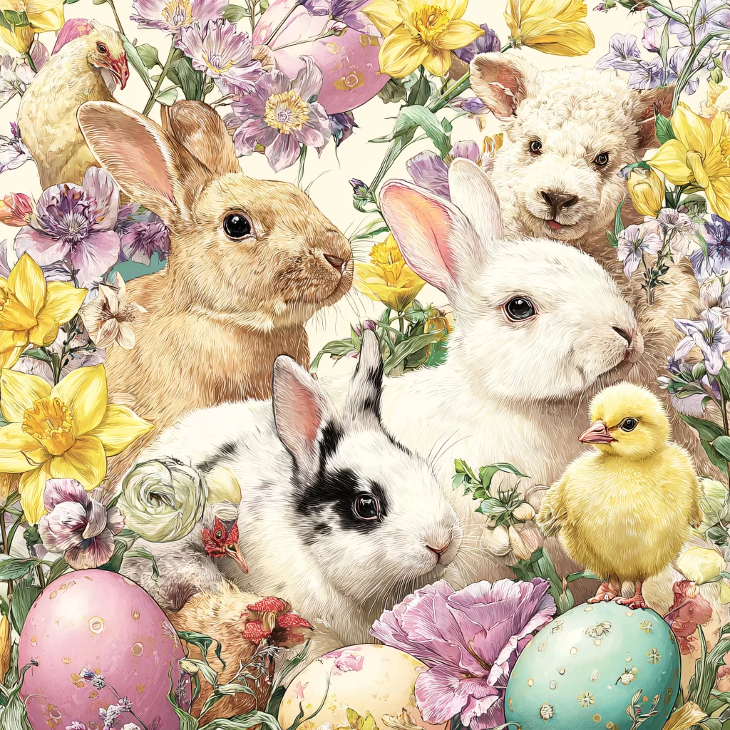 Easter Rabbits Eggs Flowers Pastel 226