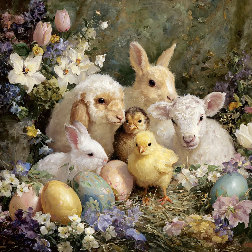 Easter Rabbits Eggs Flowers Pastel 227
