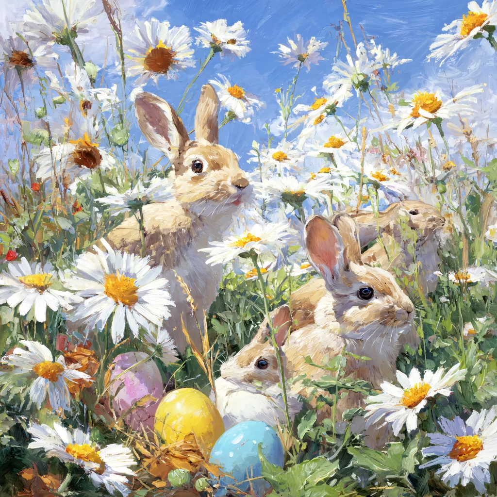 Easter Rabbits Eggs Flowers Blue 237