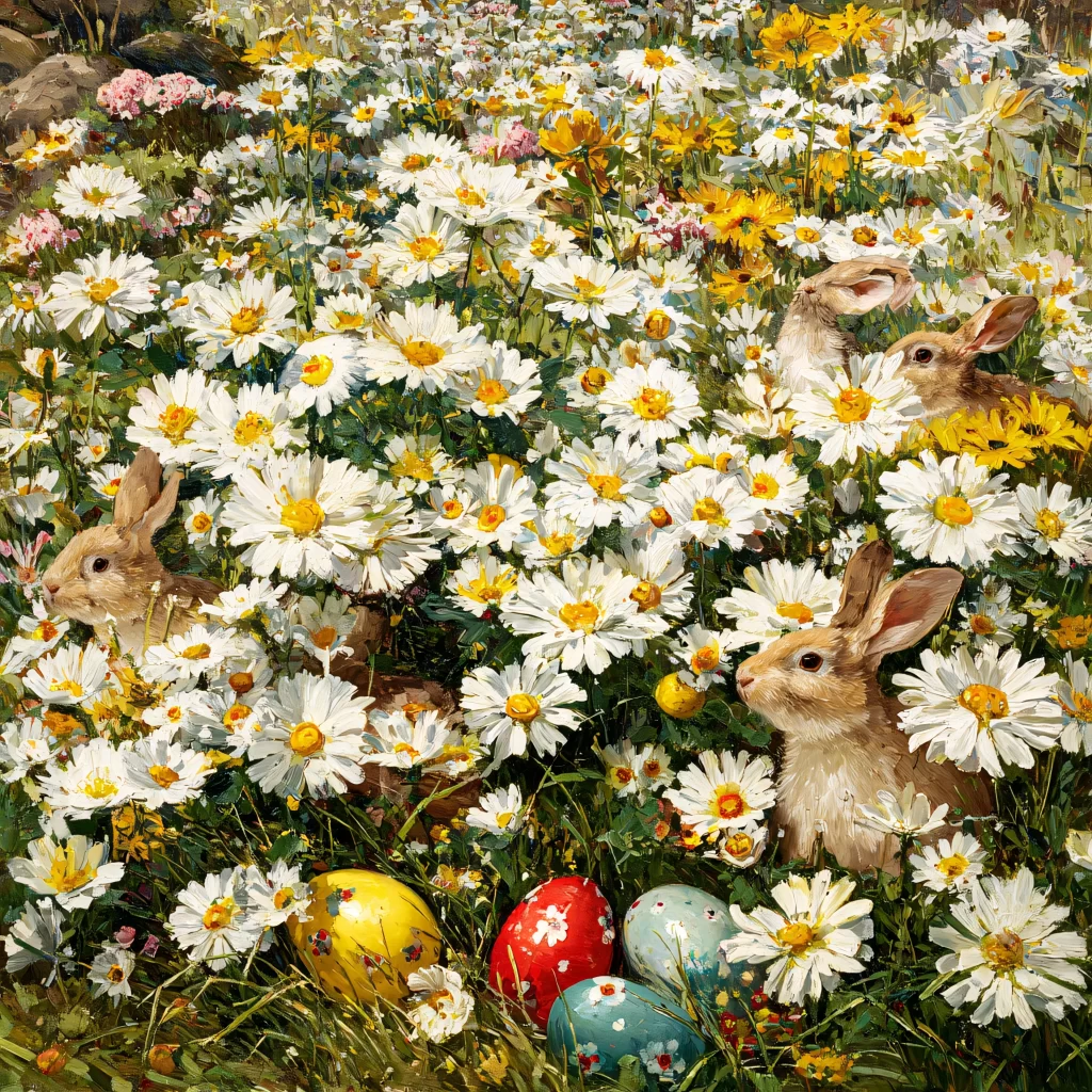 Easter Rabbits Eggs Flowers White 239