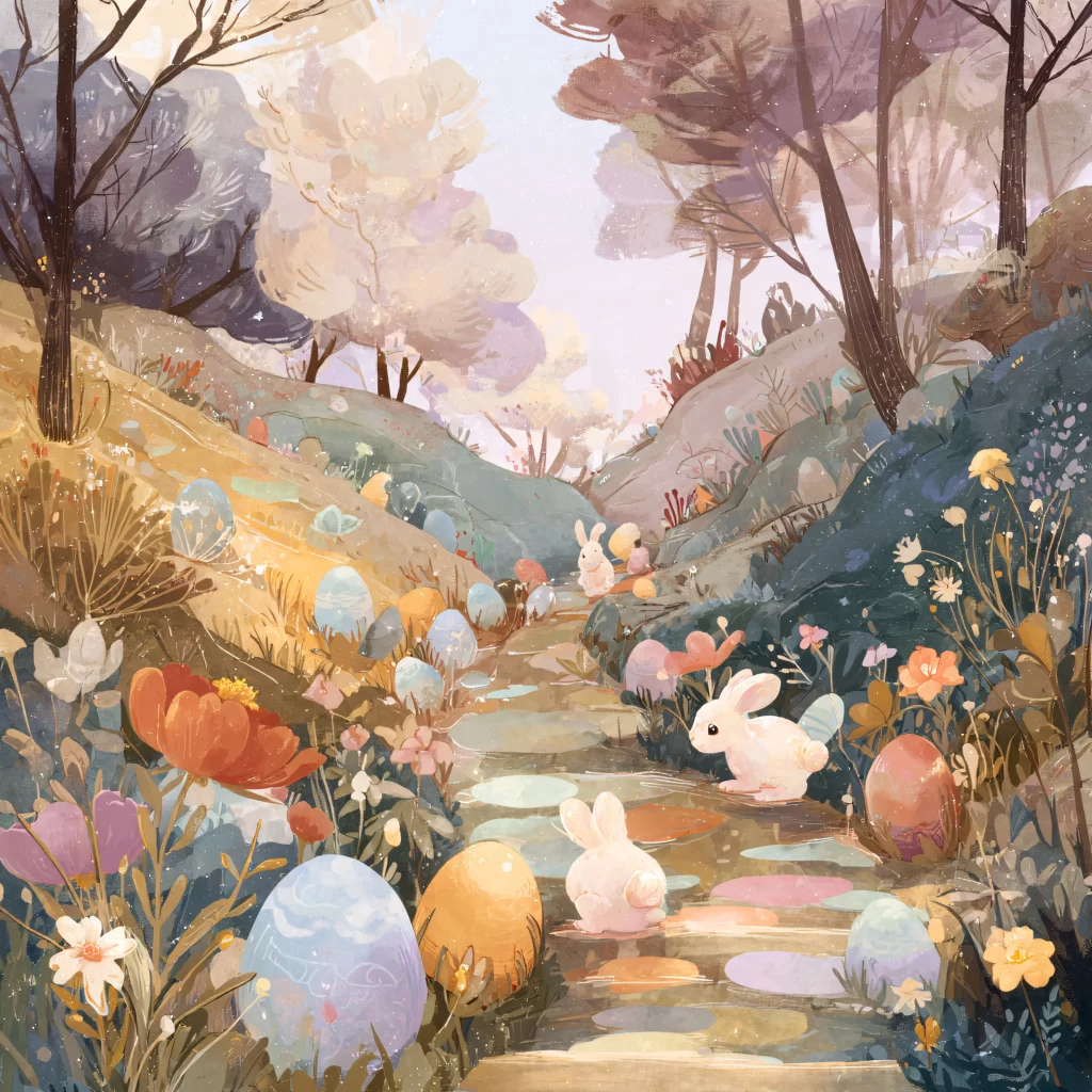 Easter Rabbits Eggs Flowers Pastel 256