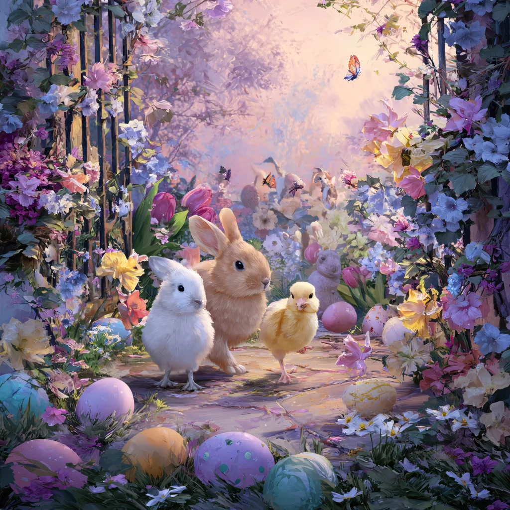 Easter Rabbit Chick Eggs Flowers Garden