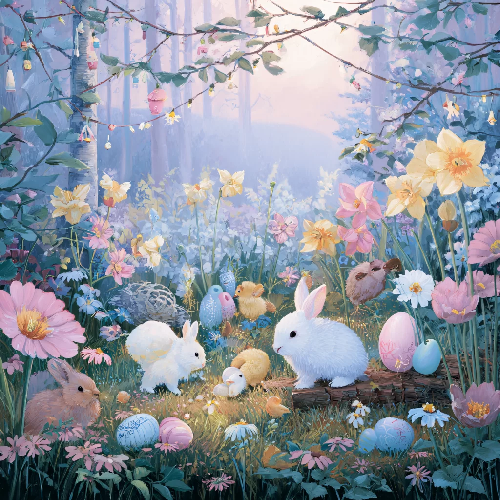 Easter Rabbit Chicks Eggs Pink Flowers