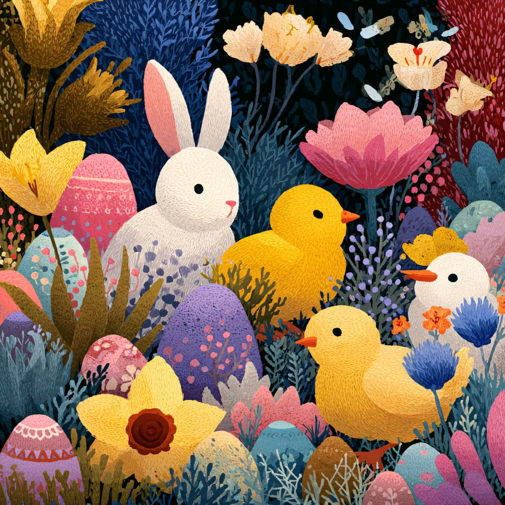 Easter Rabbit Chicks Eggs Flowers Garden