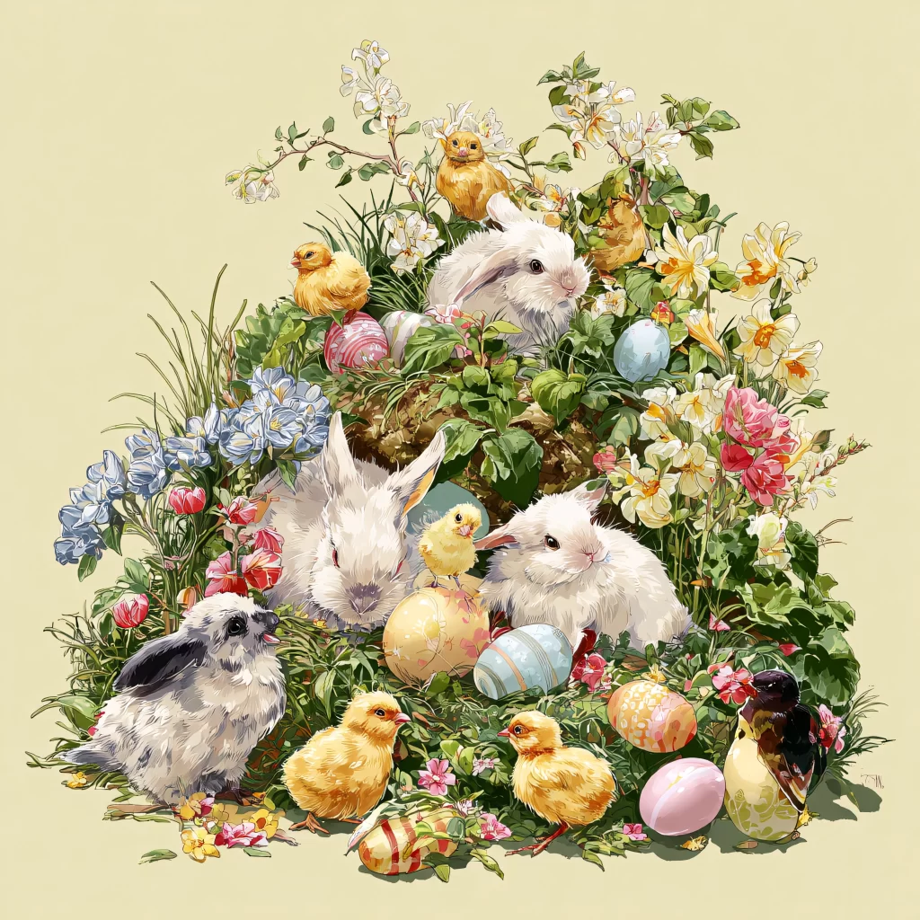 Easter Rabbit Chick Eggs Flowers Garden