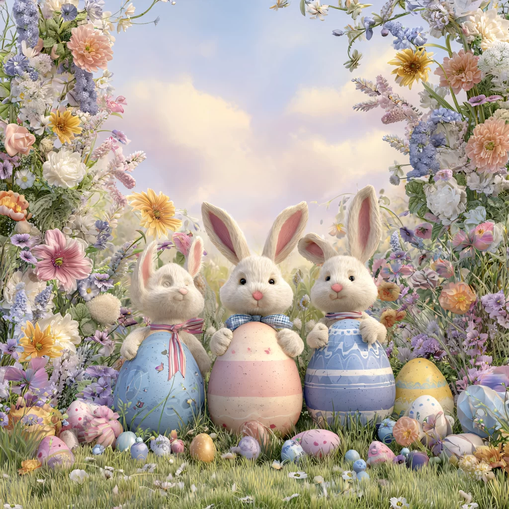 Easter Rabbits Eggs Flowers Pastel 282