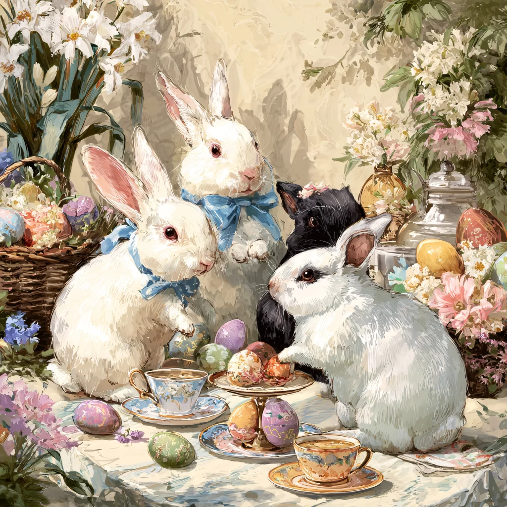Easter Rabbit Eggs Flowers Garden