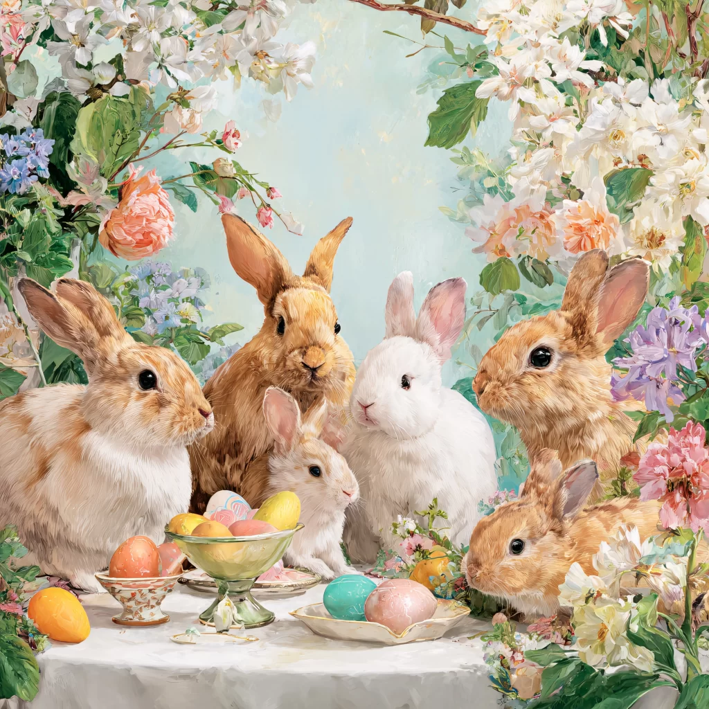 Easter Rabbits Eggs Flowers Pastel 290