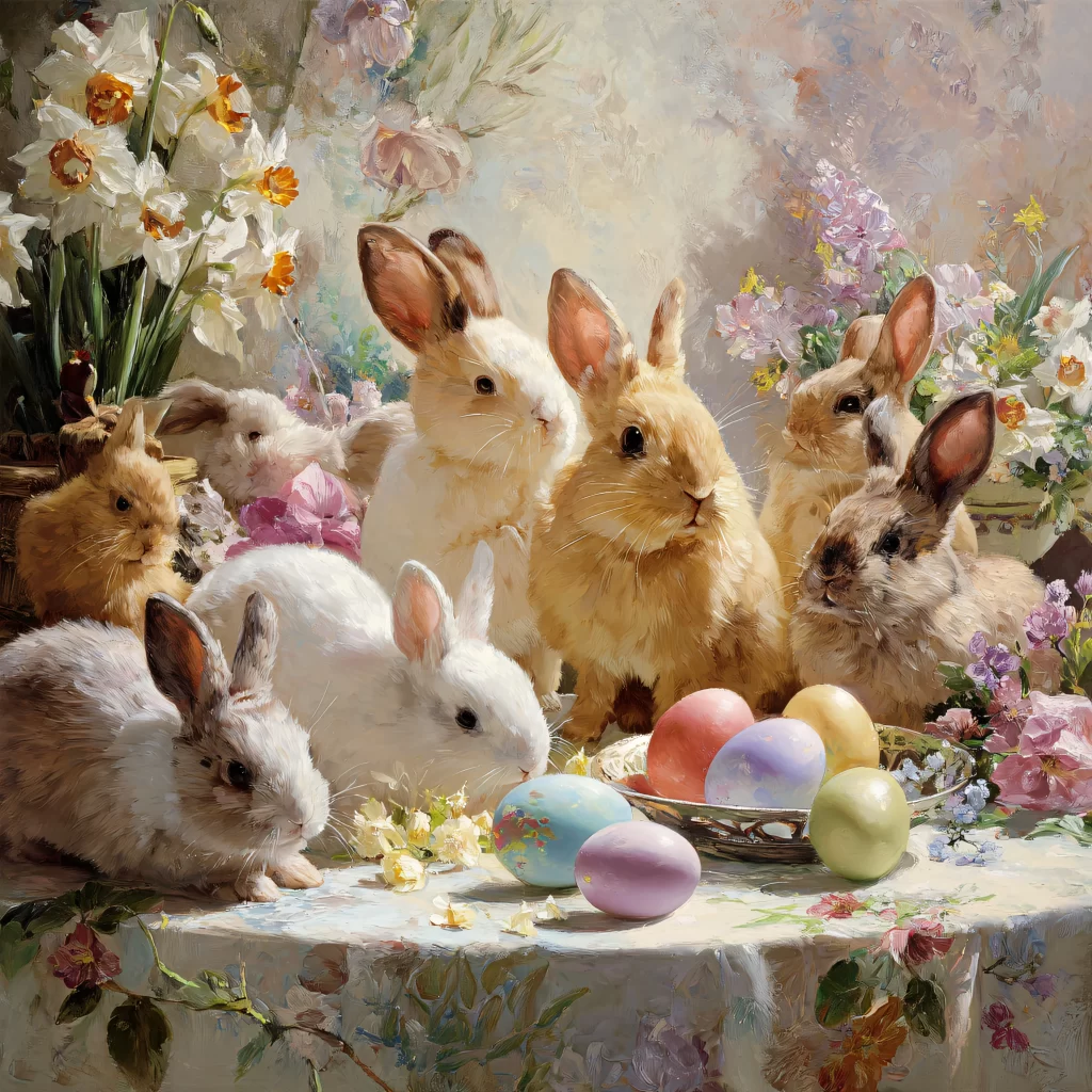 Easter Rabbit Eggs Flowers Garden