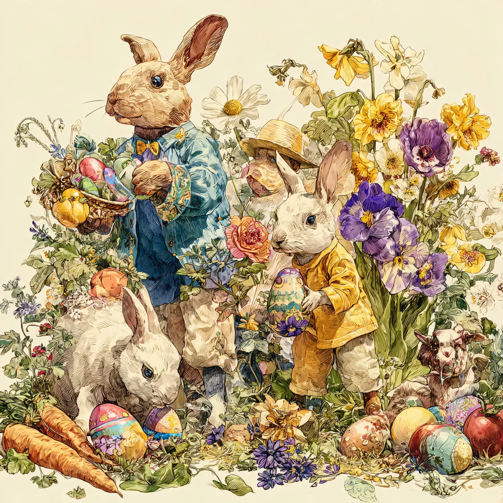 Easter Rabbits Eggs Flowers Pastel 294