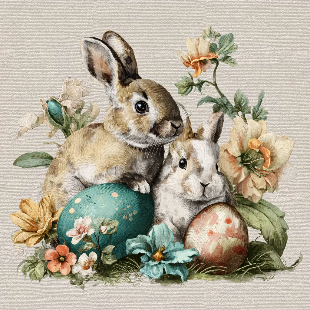 Easter Rabbits Eggs Flowers Pastel 310