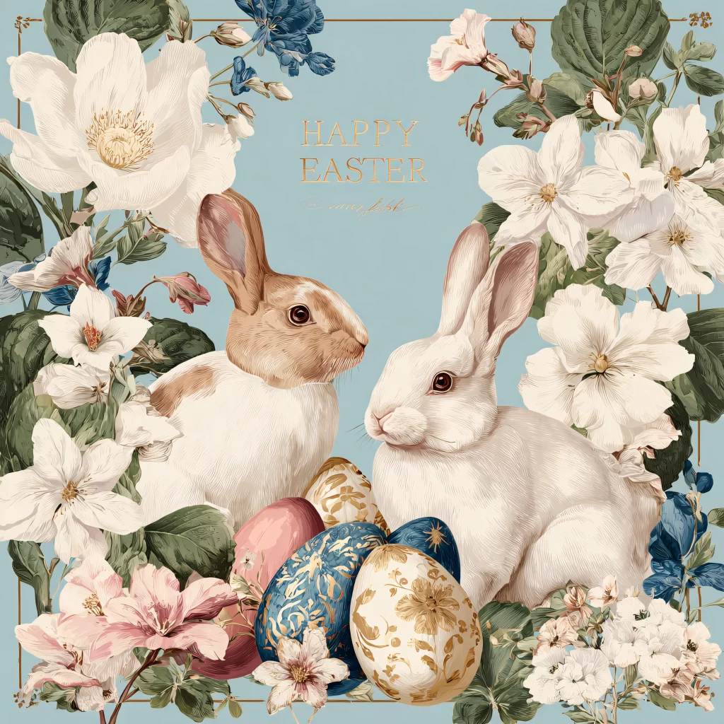 Easter Rabbit Eggs Blue Flowers Garden